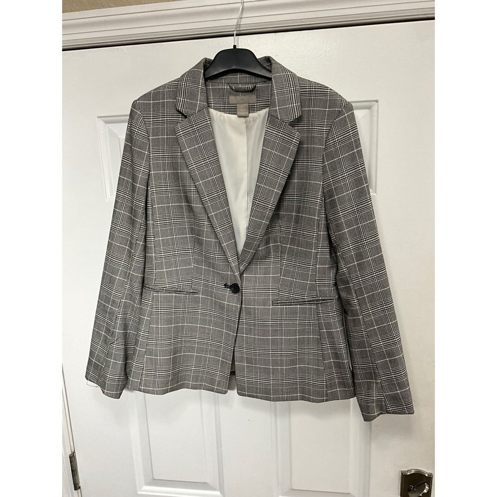 HM Womens Glen Plaid Blazer Black White Single Button Career Jacket Size 10